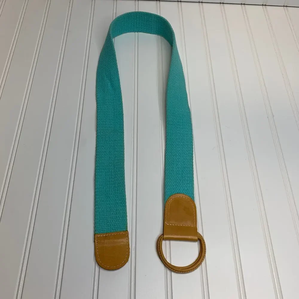 Vintage 70s Aqua Twill Wide Belt Light Tan Leather Hang Ten